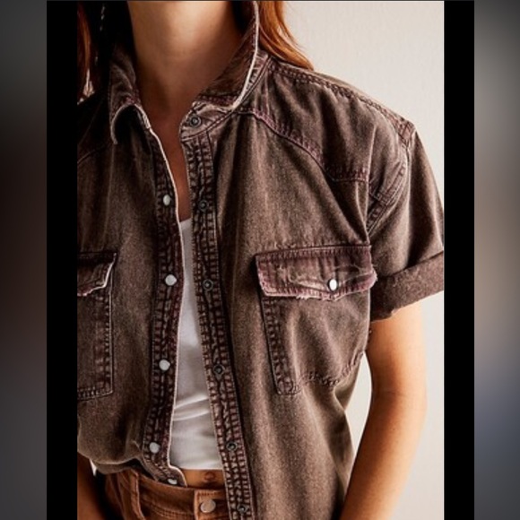 Free People The Short of It chocolate denim top. Size M - Picture 2 of 5